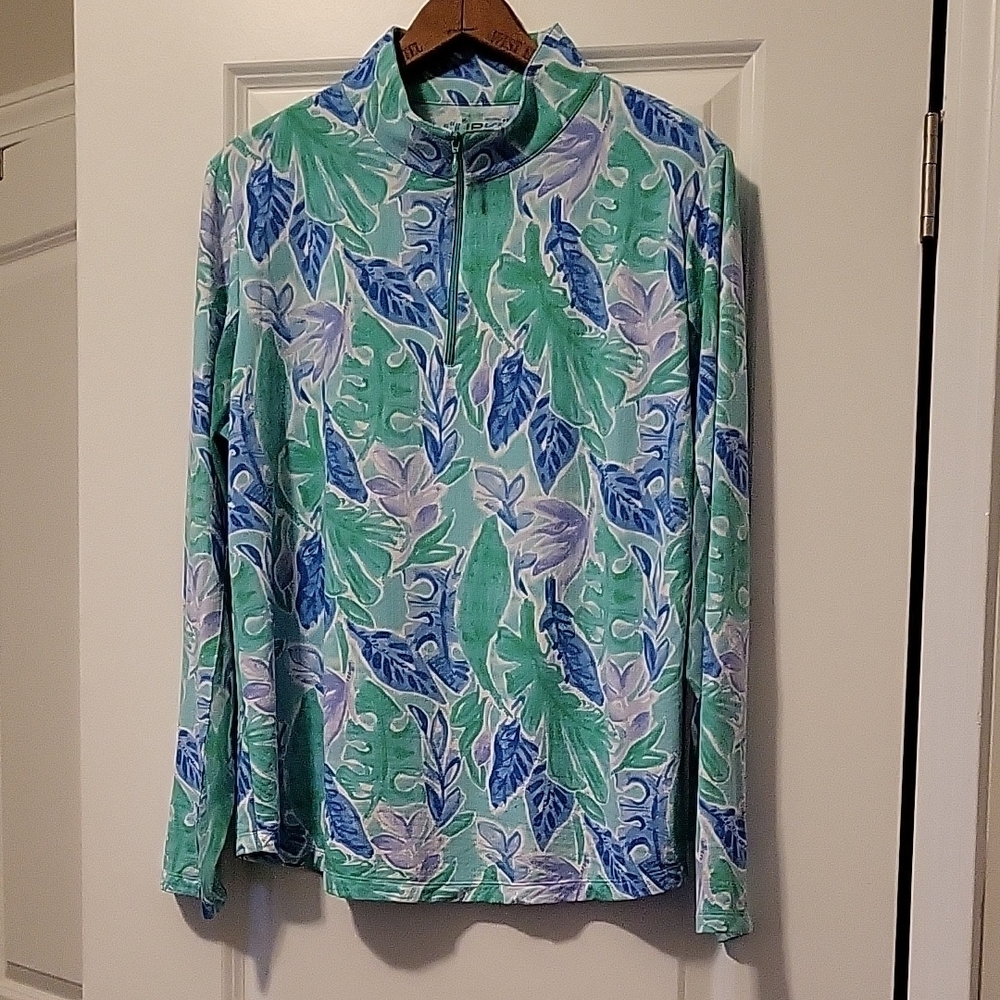 IBKUL Women's Button Down Shirt - Green and Blue Leaf Print
